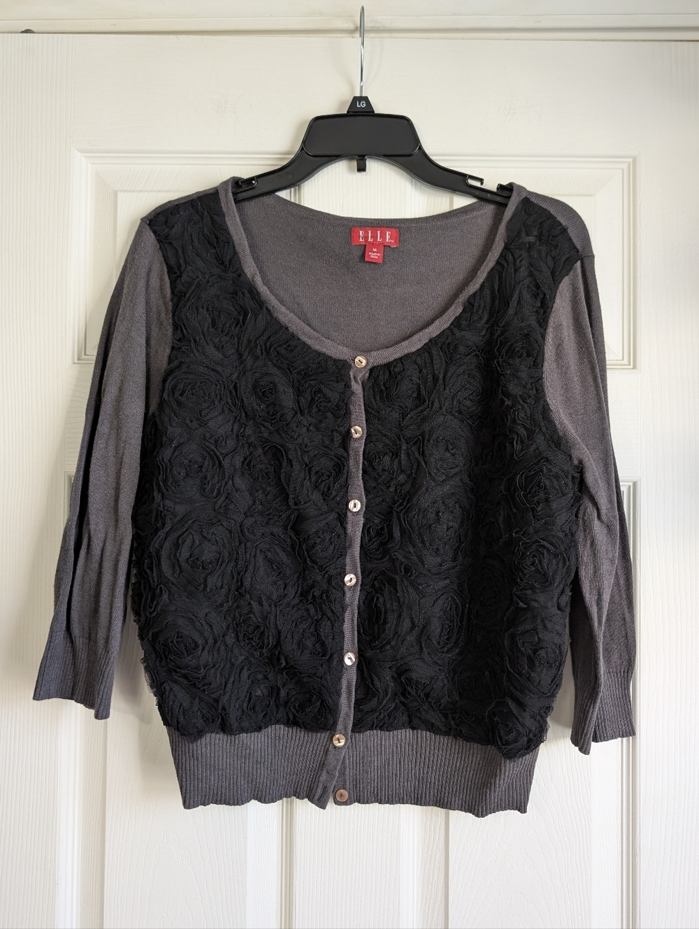 ELLE Black Rosette Front Cardigan with Heather Gray Sleeves Size M